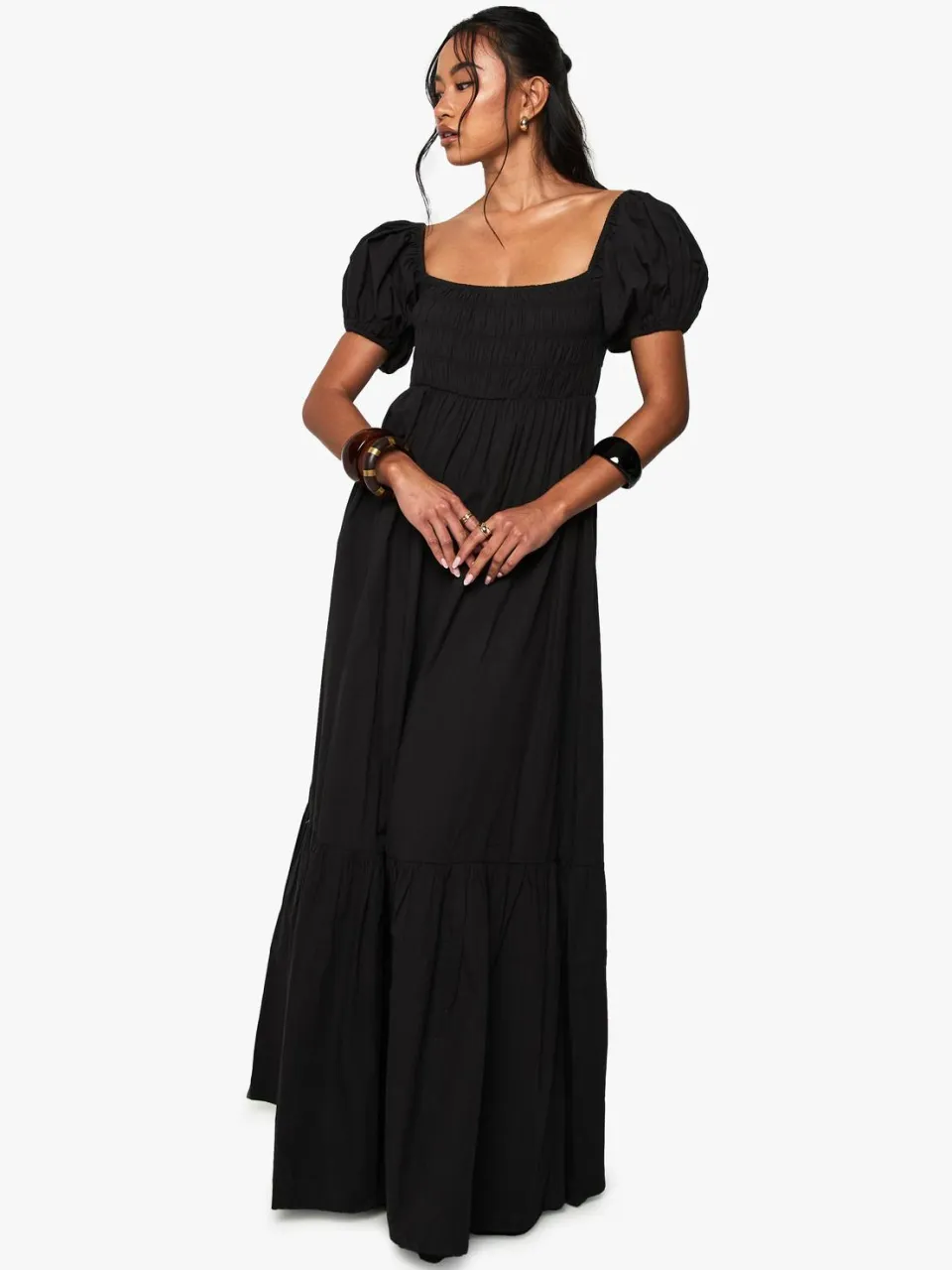 boohoo Dames Cotton Poplin Puff Sleeve Maxi Dress Zwart