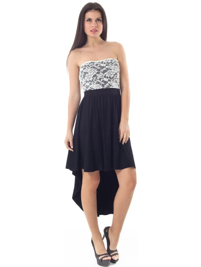 Conquista Strapless Hoog Laag Jurkje met Kanten Detail in Zwart