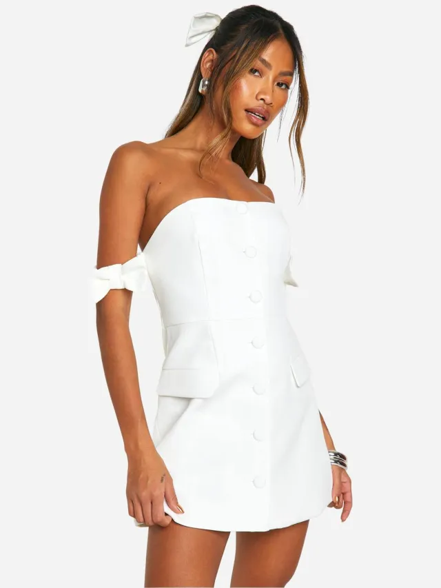 boohoo Dames Bow Bardot Tailored Mini Jurk Ivoor