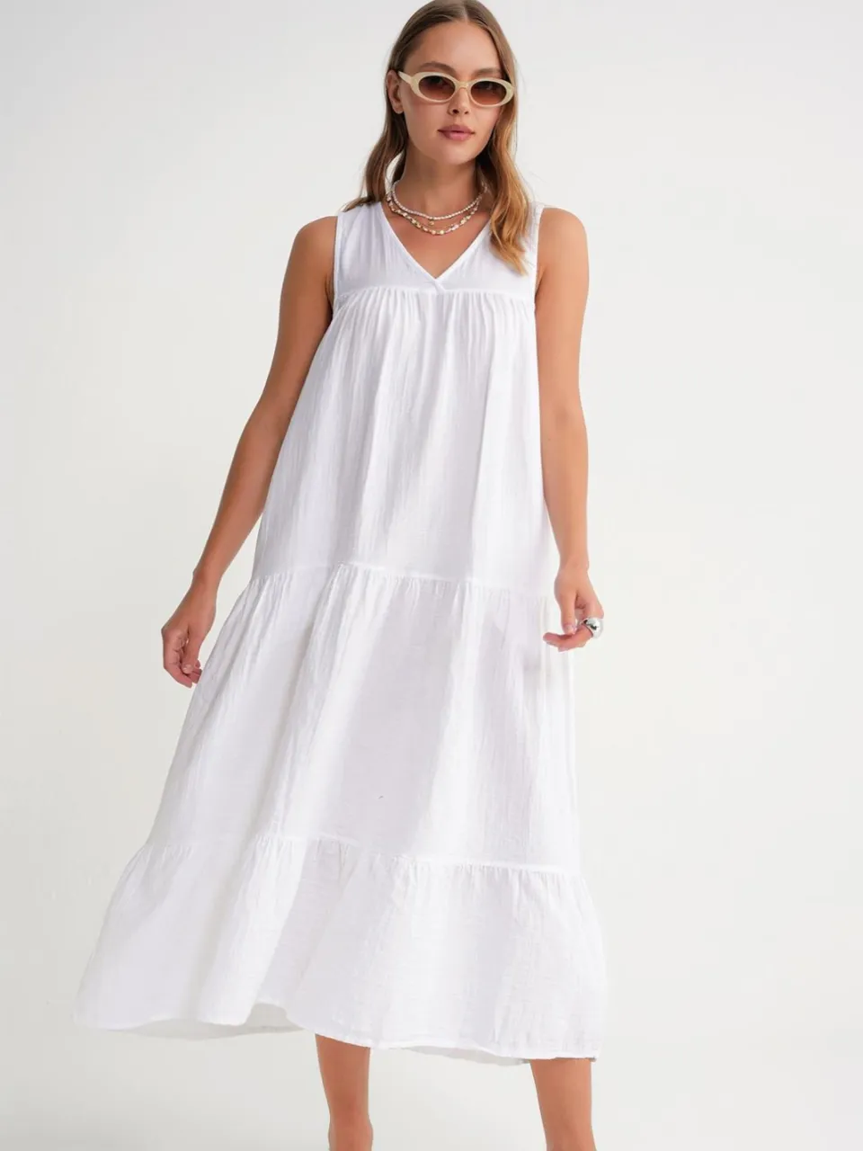 Mixray Mouwloze V-hals Muslin Midi-jurk met Zakken wit, foto 2