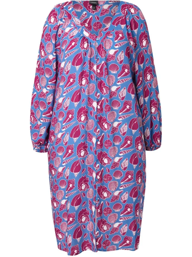 Ulla Popken Dames - Midi-jurk schelpen oversized V-hals lange mouw - Petrolblauw - Maat 42+