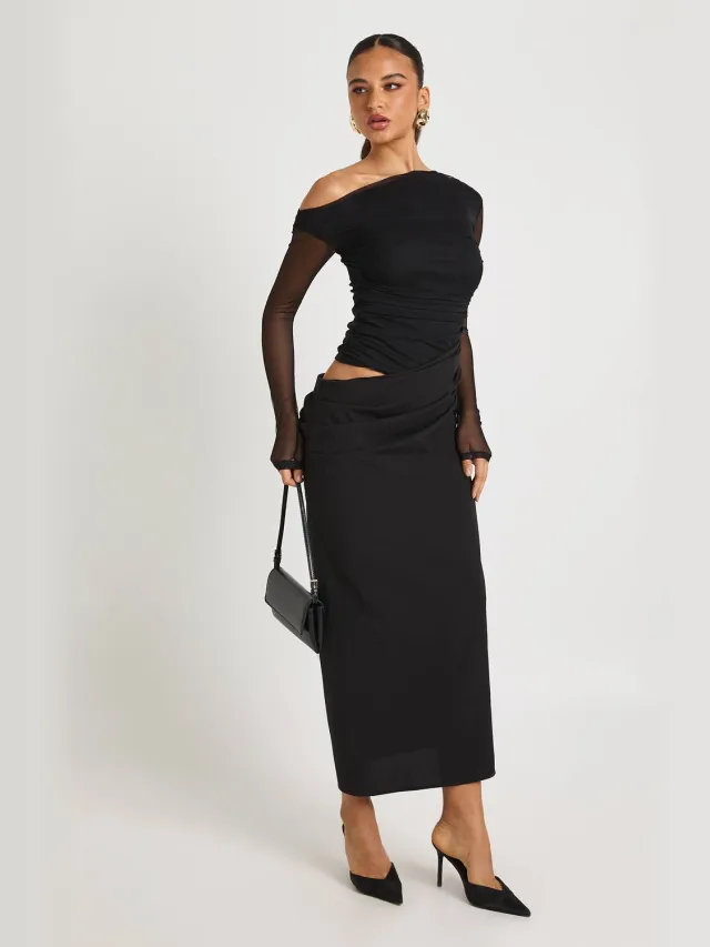 boohoo Dames Mesh Mix Draped Midaxi Jurk Zwart