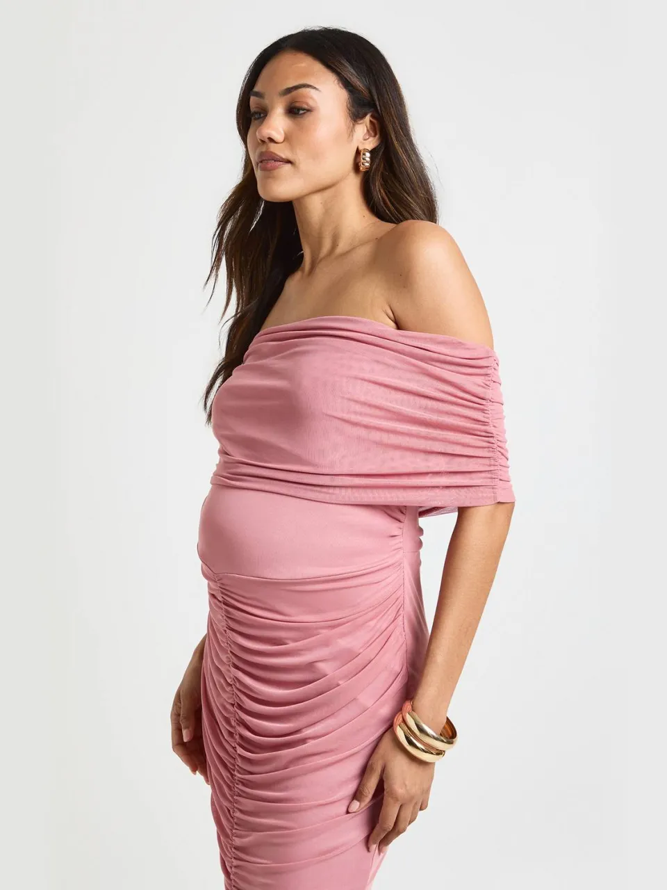 boohoo Dames Zwangerschaps Gerimpelde Bardot Mesh Zoom Midaxi roos, foto 2