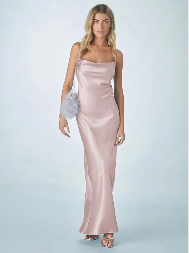 Next Dames - Satijnen lange jurk met colkraag voor bruidsmeisjes en bruiloftsgasten - Tall - Roze Dusky Pink