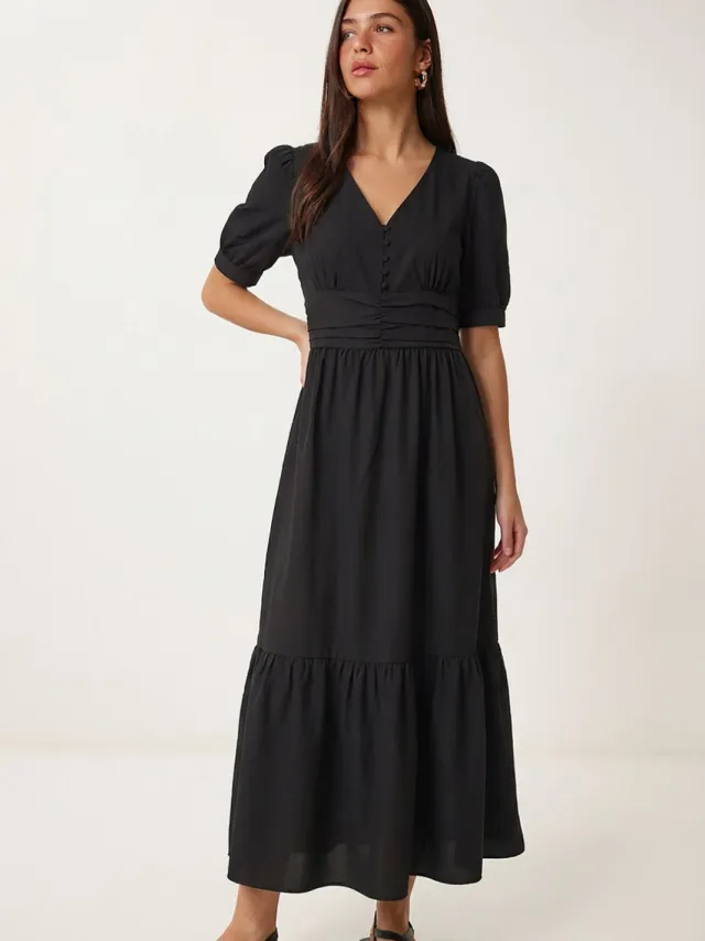 Happiness Istanbul Dames Katoenmix Poplin Maxi Jurk Zwart
