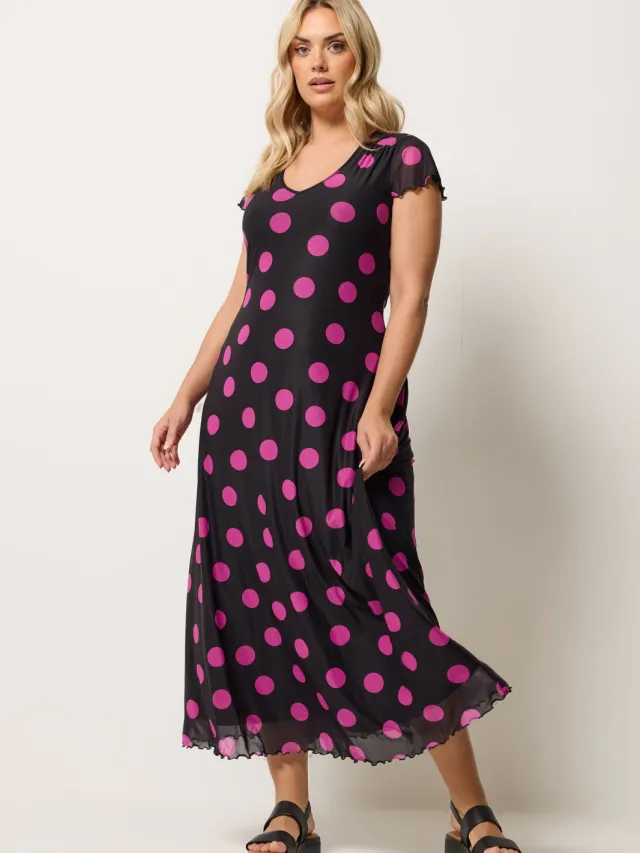 Yours Zwarte En Roze Mesh Maxijurk Met Stippen Black