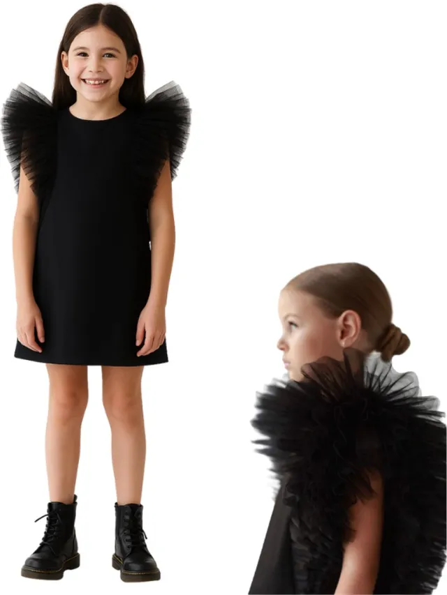 JOYAKIDS Joya Kids® Bruidsmeisje Jurk Meisje Zwart met Tule Pofmouwen | Feestjurk Tule Mouwen | Prinsessen jurk Zwart | Feestjurk Communie | Kinderjurk Bruiloft | Voor 2 tot 10 jaar oud Zwart Tule Pofmouw