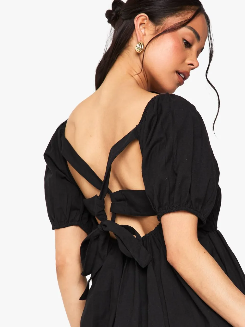 boohoo Dames Linnen Puffmouw Smock Mini-jurk zwart, foto 4