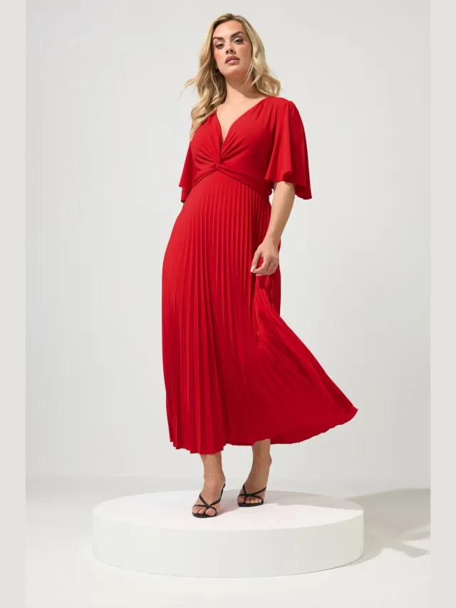 Yours London Rode Geplooide Maxijurk Met Knoopdetail Red