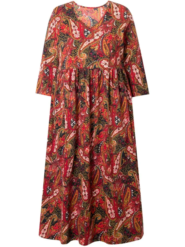 Ulla Popken Dames - Jersey jurk paisley A-lijn V-hals 3/4-mouwen - Zwart - Maat 58+