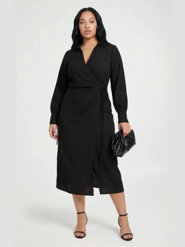boohoo Dames Plus Geweven Wikkel Jurk Met Strikdetail Midaxi Zwart