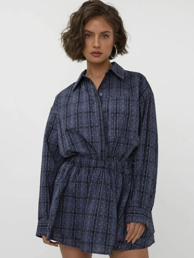 Studio AMAYA geruite blousejurk met strass-steentjes - donkerblauw