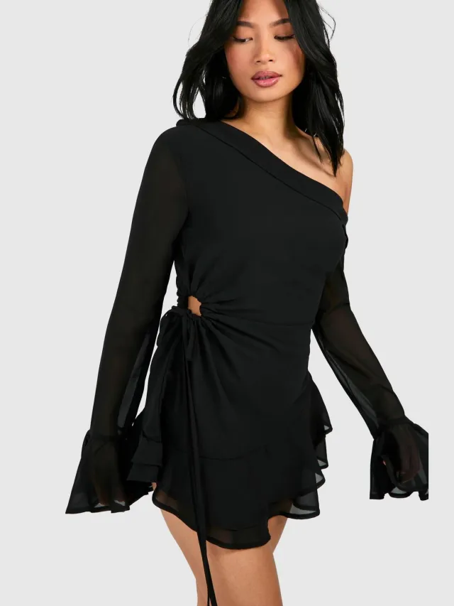 boohoo Dames Petite Bardot Chiffon Langmouw Mini Jurk zwart, foto 3