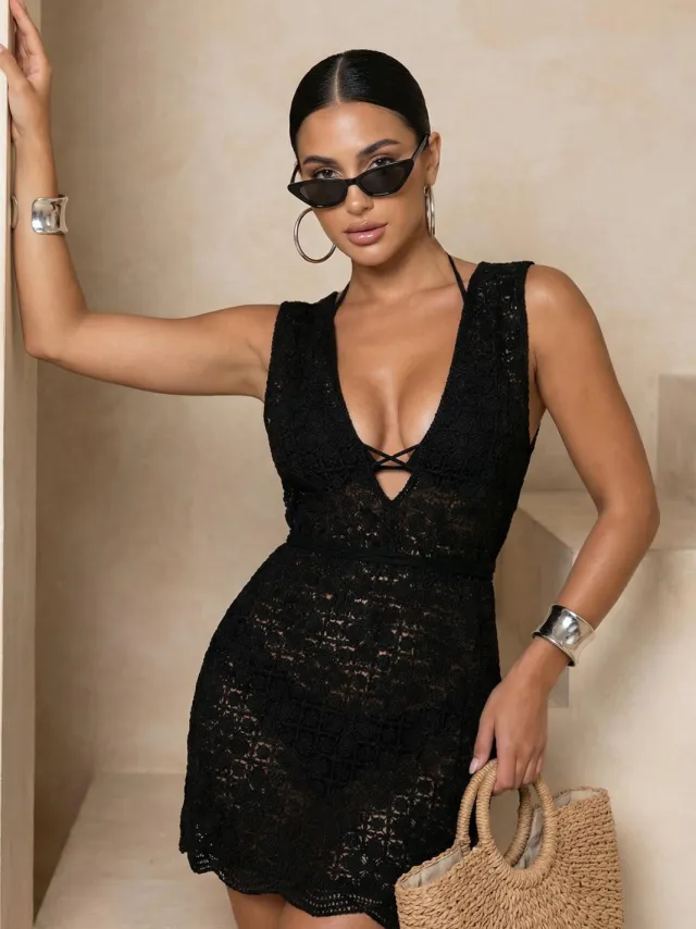 Trendyol TRENDYOLMİLLA Dames Zwart Ajour Extra Kort / Super Mini Mouwloos Strandkleding Bodycon Jurken
