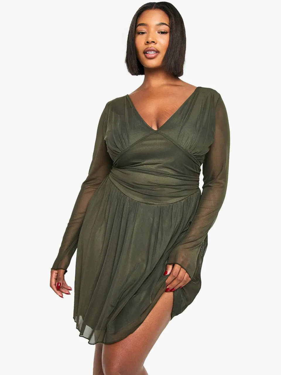 boohoo Dames Plus Plunge Corset Detail Lange Mouw Skaterjurk kaki, foto 3