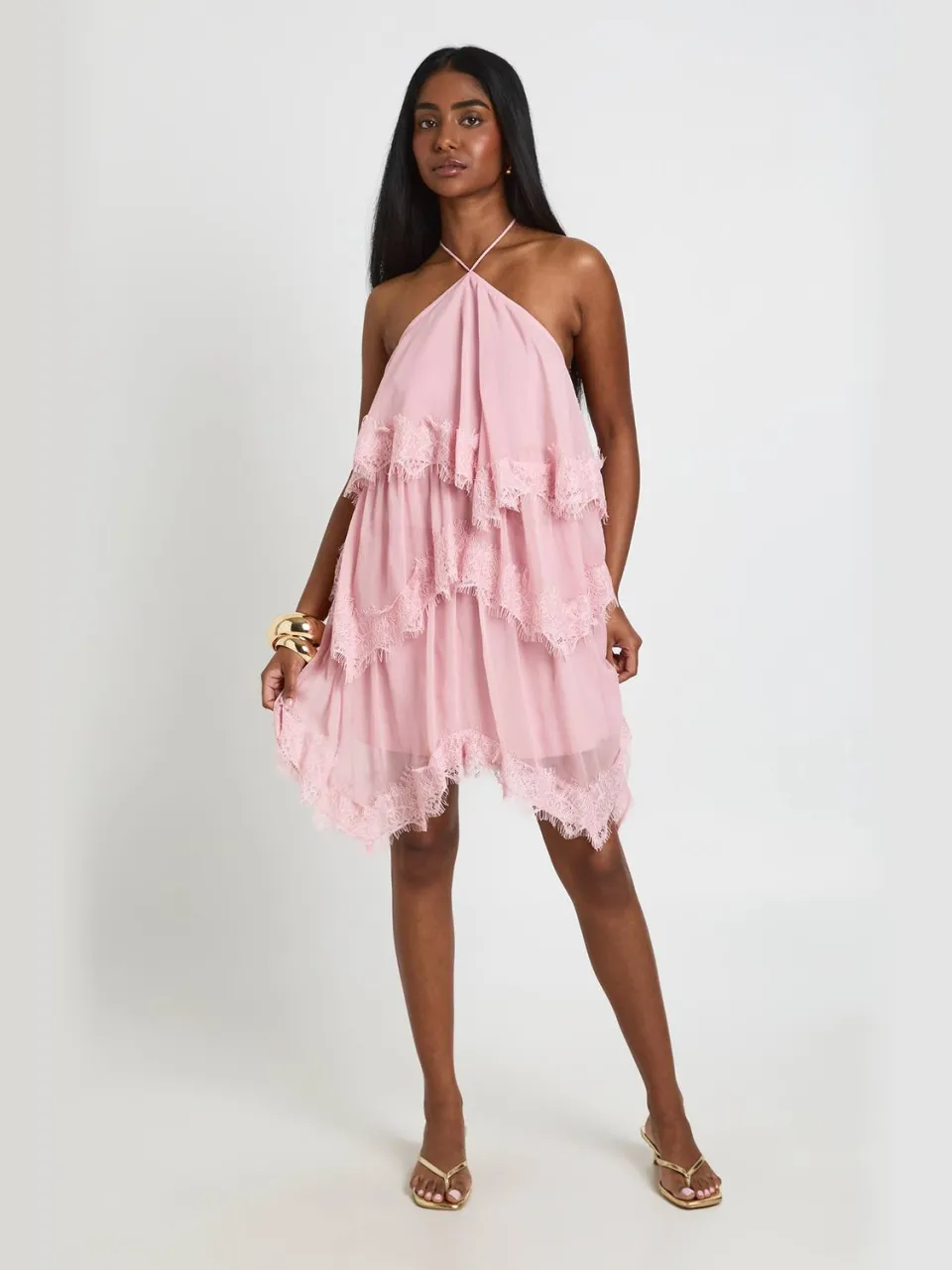 boohoo Dames Gekreukte Chiffon & Kant Gelaagde Mini Jurk stoffig roze, foto 3