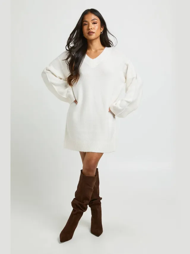 boohoo Dames Petite Superzachte Gebreide Mini-jurk Met V-hals Crème