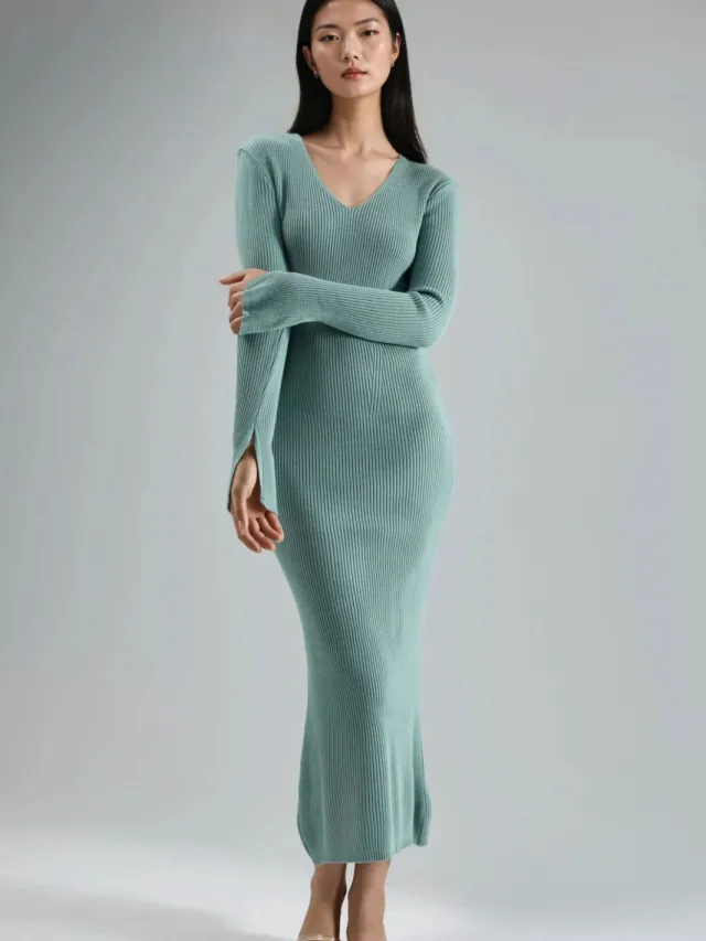 MyFashion V-hals Textured Maxi Brei Jurk met Splits Mint