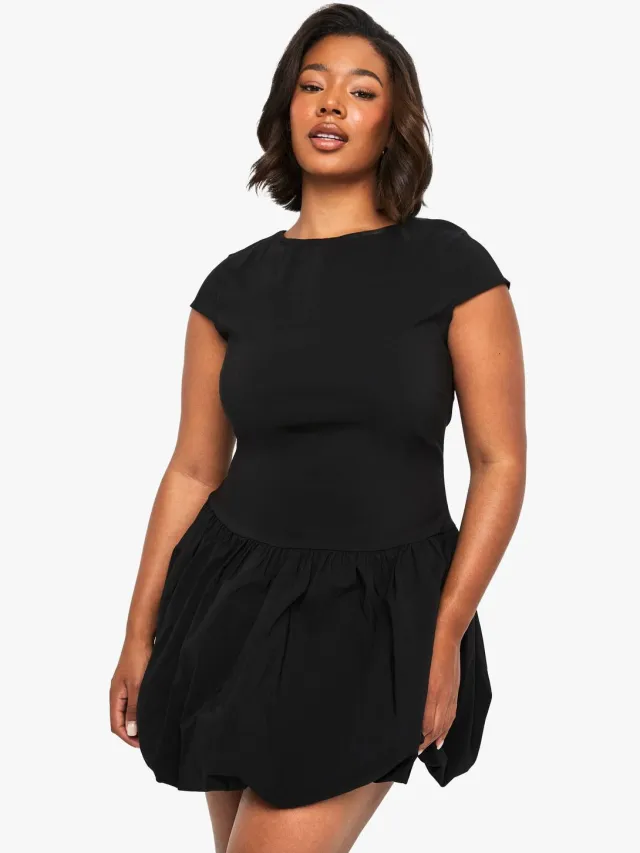 boohoo Dames Plus bengaline minijurk met cap-sleeves en puffball-stijl Zwart