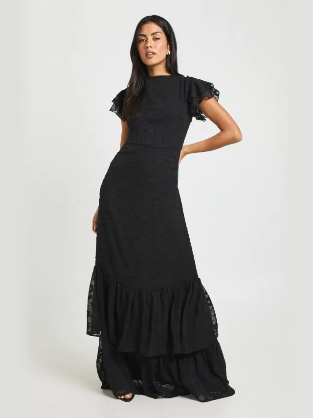 boohoo Dames Bloemen Burnout Ruches Zoom Maxi Jurk Zwart