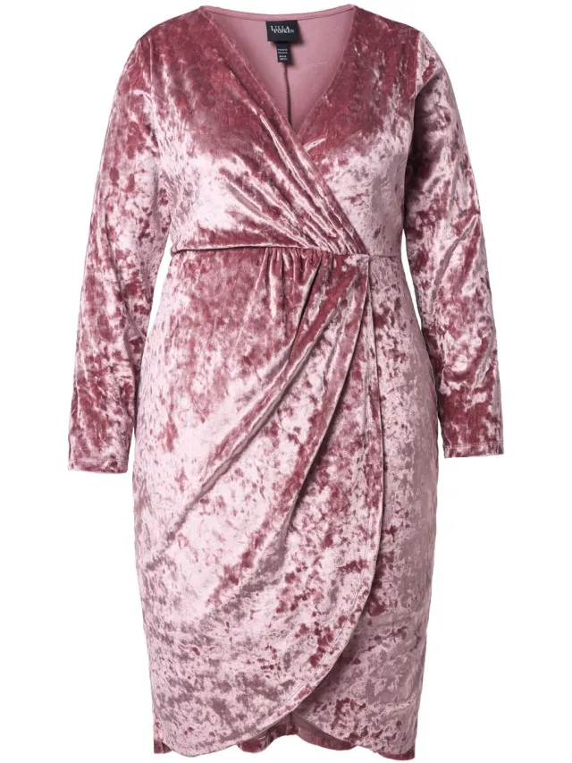 Ulla Popken Dames - Midi-jurk van fluweel wikkellook V-hals lange mouwen - Poederroze