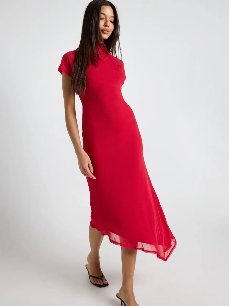 boohoo Dames Mesh Jurk Met Korte Mouwen En Asymmetrische Zoom Midaxi rood, foto 2