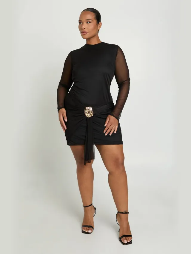 boohoo Dames Plus Mesh Gouden Detail Draperie Zij Mini Jurk Zwart