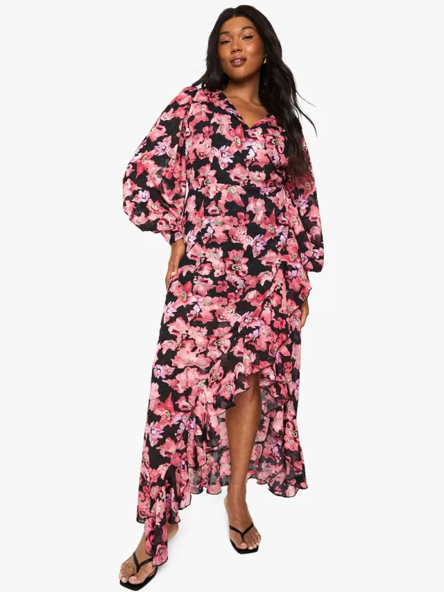 boohoo Dames Plus Floral Ruffle Wrap Maxi Jurk Roze