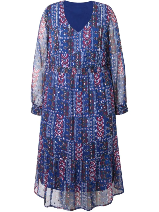 Studio Untold Dames - Chiffon midi-jurk patchprint met glitters zoomvolant - Navy - Maat 46+