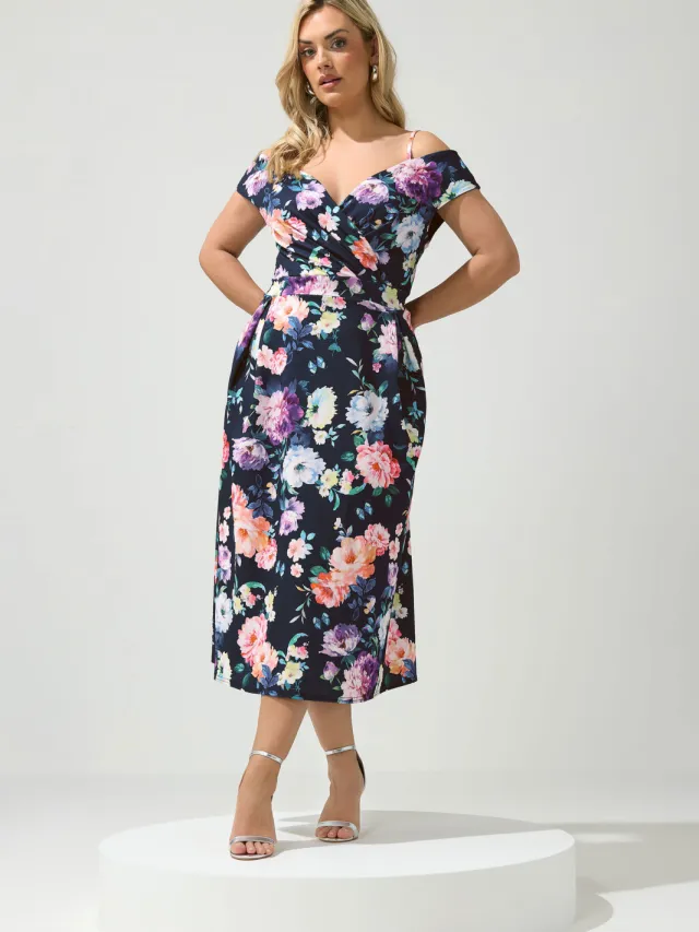 Yours London Marineblauwe Bardot Skaterjurk Met Bloemenprint Blue