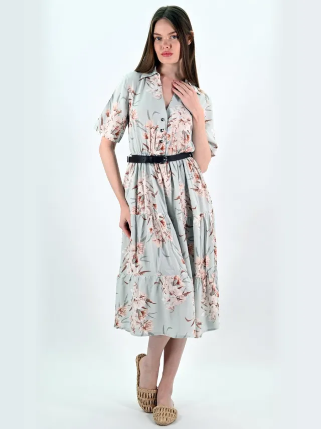 YESMOOI Midi Blousejurk met Bloemenprint en Ceintuur - M (38) - Grijsblauw