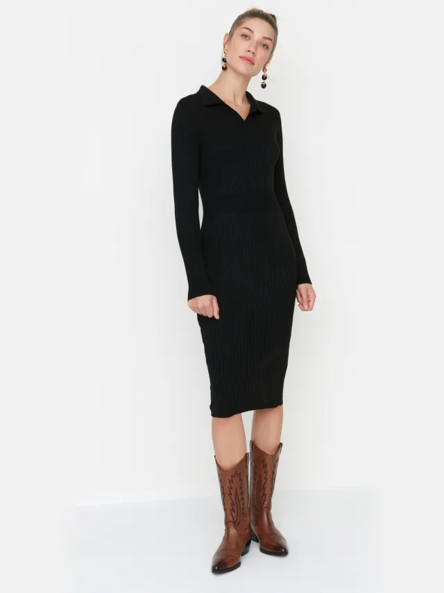 Trendyol Dames Polo hals lichaamssconisch Midi Jurk Zwart
