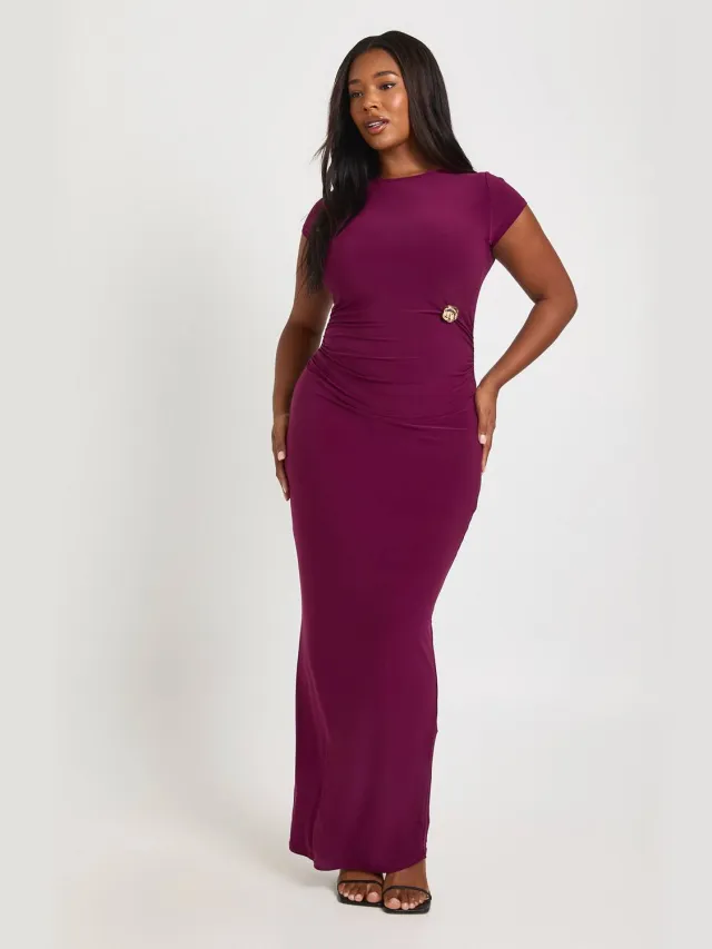 boohoo Dames Plus Gerimpelde Taille Trim Detail Lange Mouw Maxi Jurk Bessen