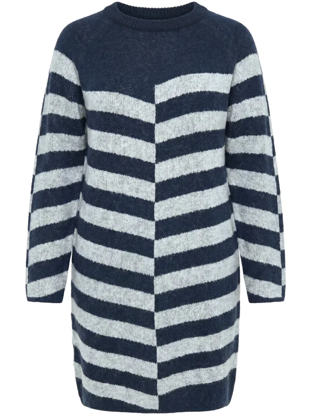 Ulla Popken Dames - Gebreide jurk jacquard-breisel opstaande kraag - Marine - Maat 42+