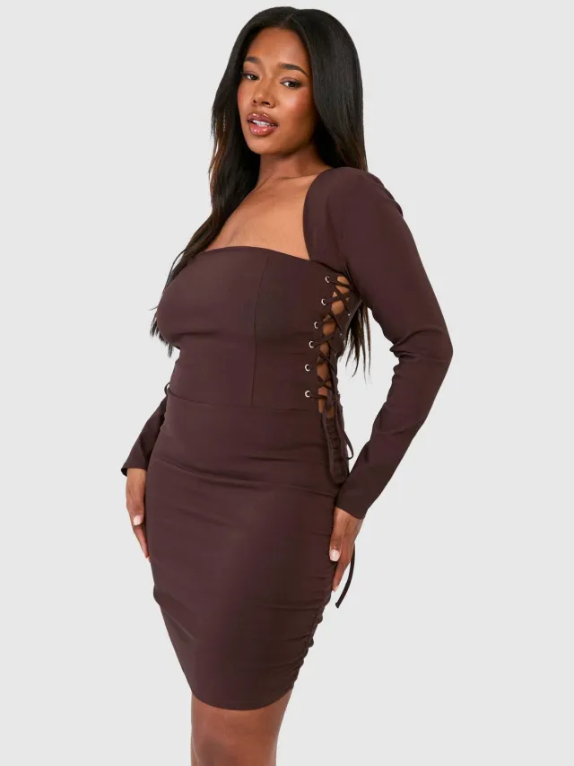 boohoo Dames Plus Bengaline Vetersluiting Vierkante Hals Corset Bodycon Jurk Chocoladebruin