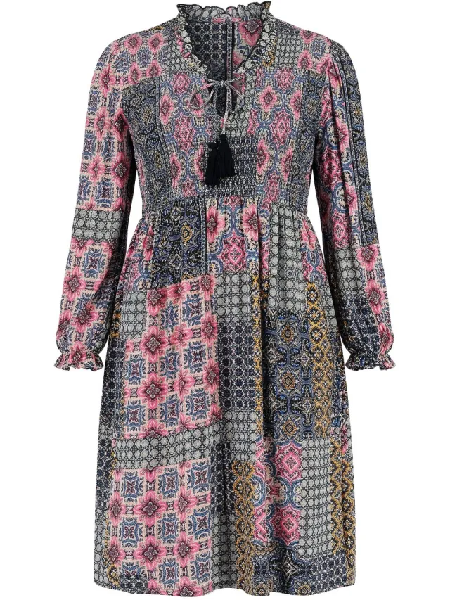 Ulla Popken Dames - Midi-jurk patchprint A-lijn tuniekhals - Mosterd - Maat 42+