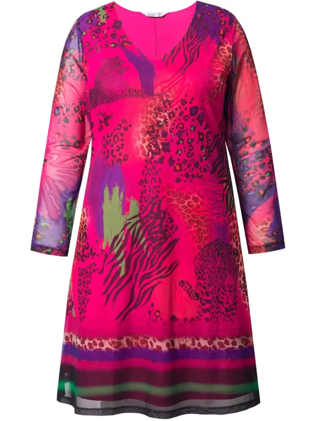 MIAMODA Dames - Mesh jurk A-lijn mesh dierprint jersey onderjurk - Neon bes