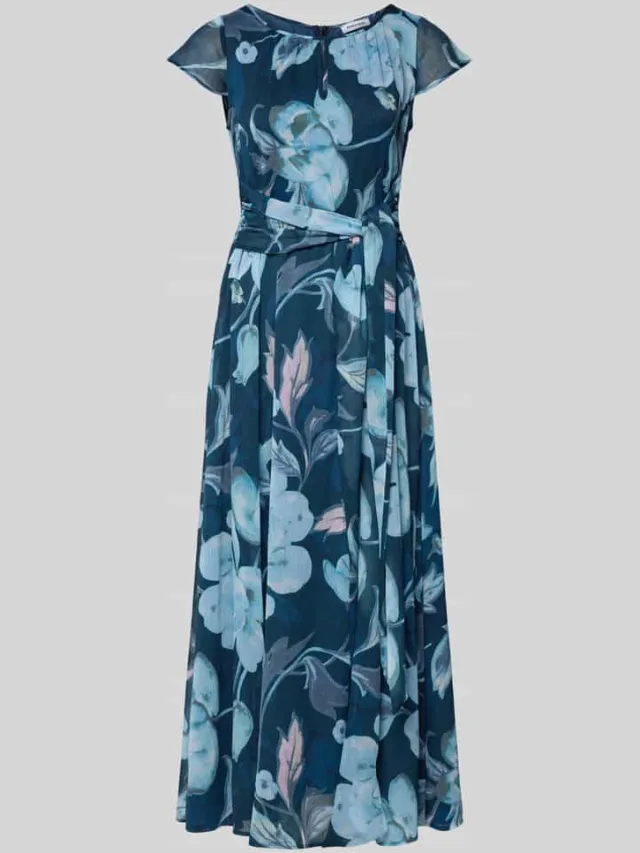 MORE & MORE maxi-jurk met druppelvormige hals en strikceintuur Marineblauw