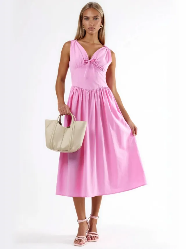 Busem V-hals Midi Jurk met Strik Detail Lichtroze