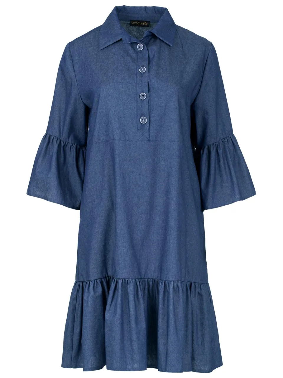 Conquista Denim Jurk met Klokmouwen en Ruches, foto 2