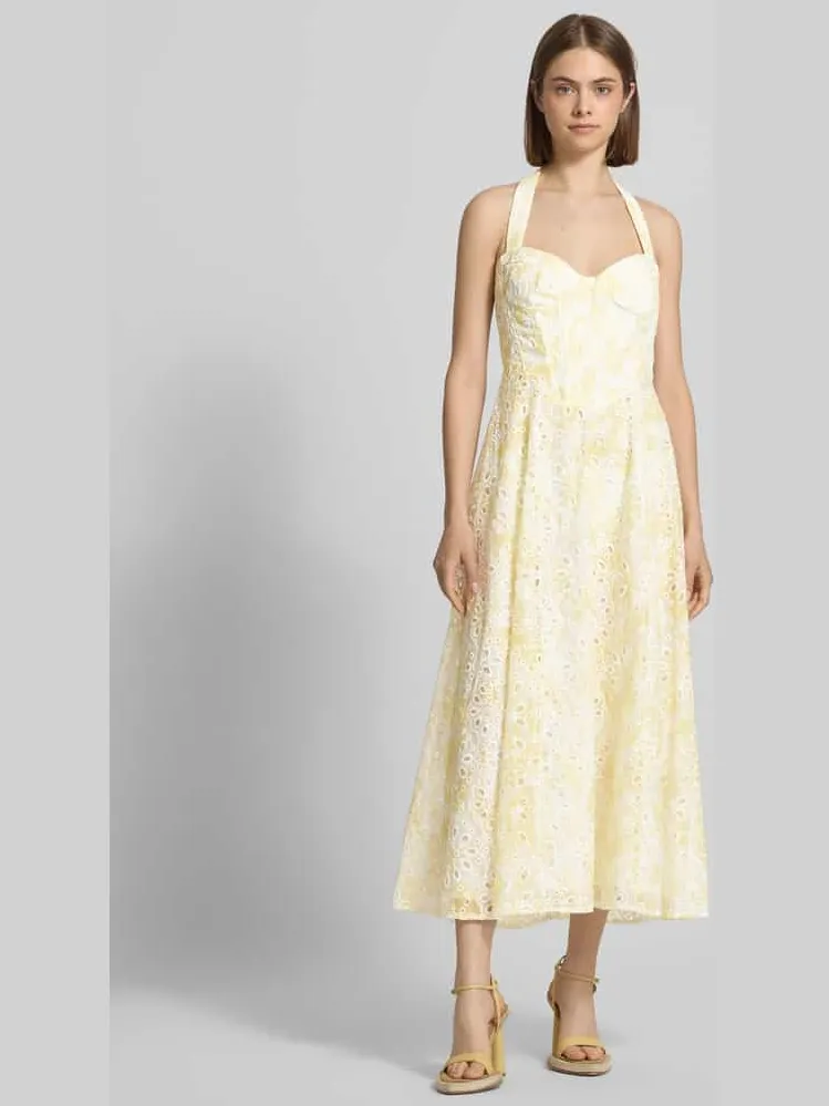 bardot midi-jurk met halter en ajourwerk model 'POLLIE' Geel