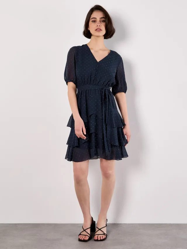 Apricot Mini-jurk van chiffon met diamantversieringen Marine