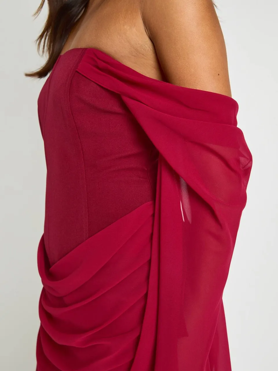 boohoo Dames Bardot Mini Jurk Met Uitlopende Mouwen En Corset Detail kersen, foto 4