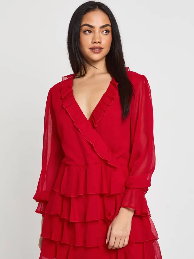 boohoo Dames Chiffon Mini Jurk met Ruffle Details Rood