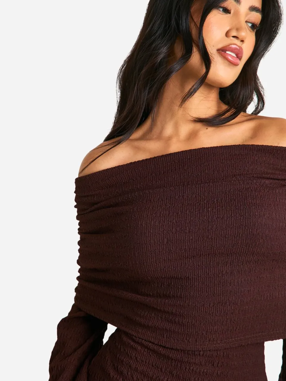 boohoo Dames Textuurvolle nonchalante Bardot maxi-jurk chocoladebruin, foto 2