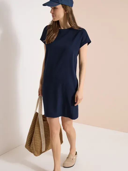 cecil Knielange jurk met seersuckerstructuur Blauw