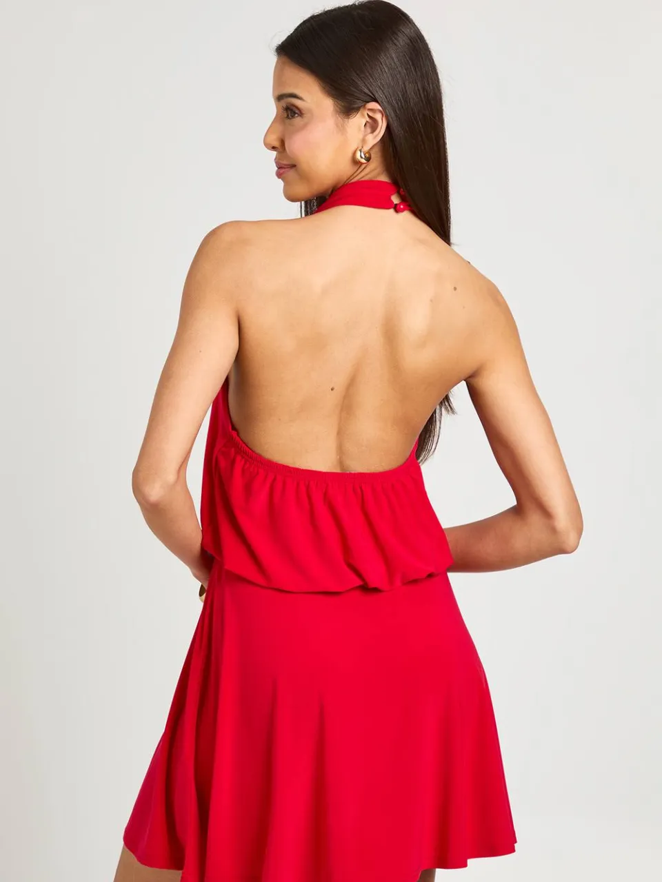 boohoo Dames Mini-jurk Met Hoge Hals, Open Rug En Verlaagde Taille rood, foto 2