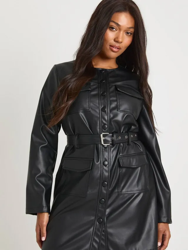 boohoo Dames Plus PU kraagloze lange mouw mini-jurk met riem Zwart
