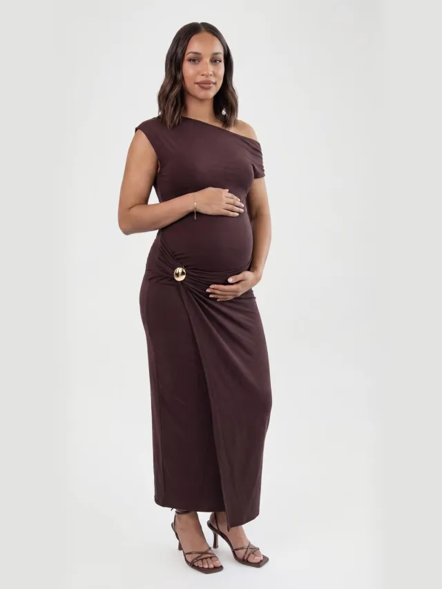 boohoo Dames Zwangerschaps Bardot Maxi Jurk Met Detail Chocoladebruin