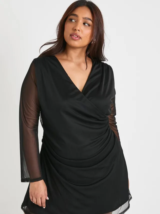 boohoo Dames plus mesh wrap mini jurk Zwart